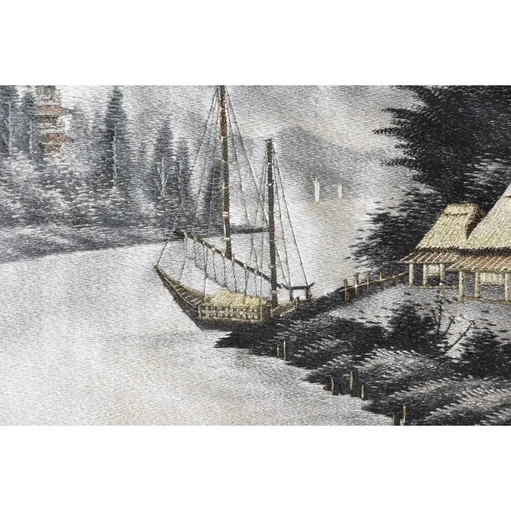 Japanese Landscape Mount Fuji Hand Stitched Silk Embroidery Framed Art